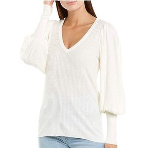 1. State Blouson Sleeve Sweater SZ S Small Off White V Neck Textured Knit Top